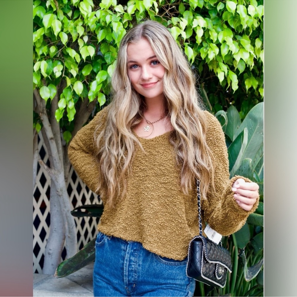 Free People Mossy Brown Cropped Popcorn Sweater